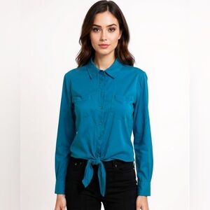 THEORY button down top 100% Silk button down Sz M, blue aqua